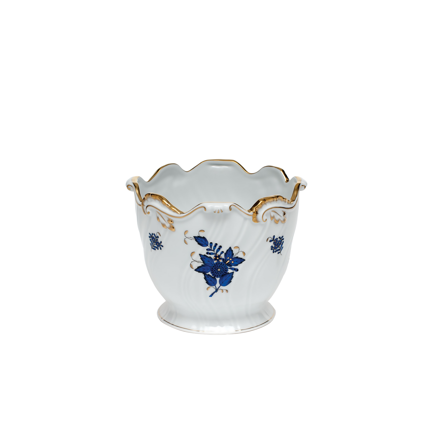 Herend Chinese Bouquet Black Sapphire Ribbed Cachepot | 6.25x7in