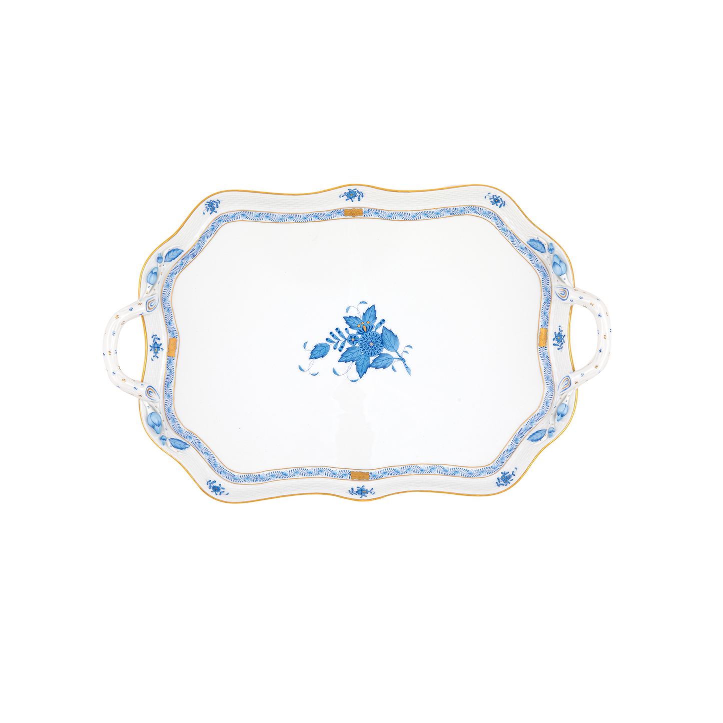 Herend Chinese Bouquet Blue Rectangular Tray with Branch Handles | 18in
