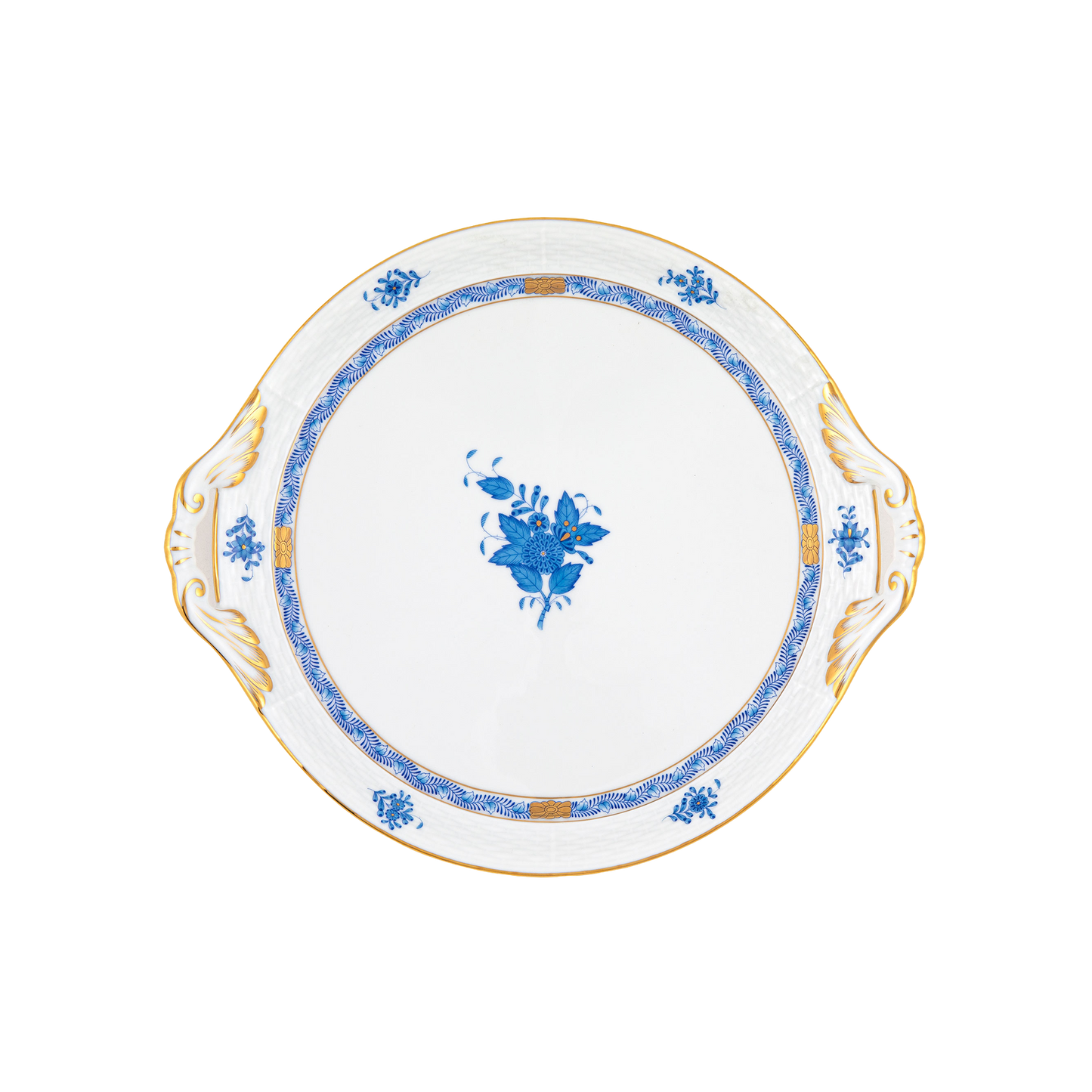 Herend Chinese Bouquet Blue Round Tray with Handles | 11.25in