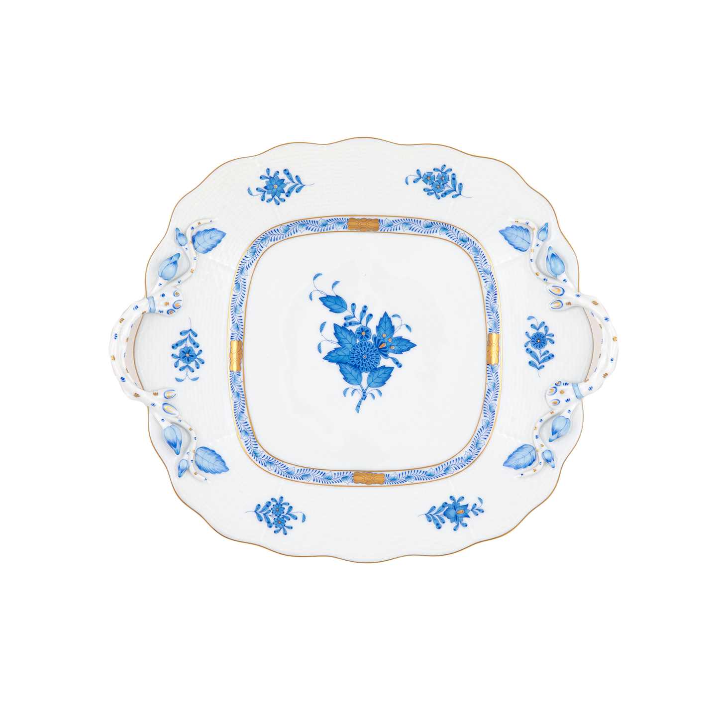 Herend Chinese Bouquet Blue Square Cake Plate with Handles | 9.5in