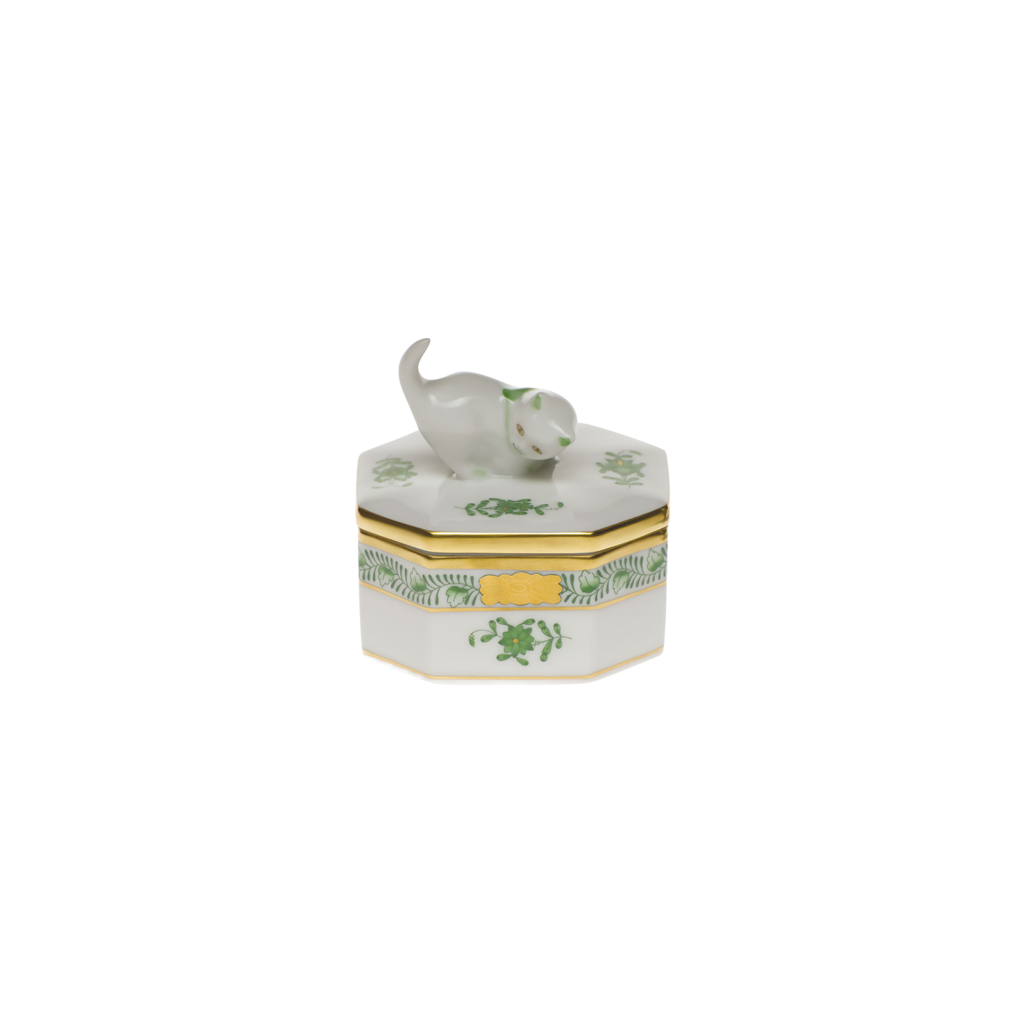 Herend Chinese Bouquet Green Small Octagonal Box with Cat | 2.5in