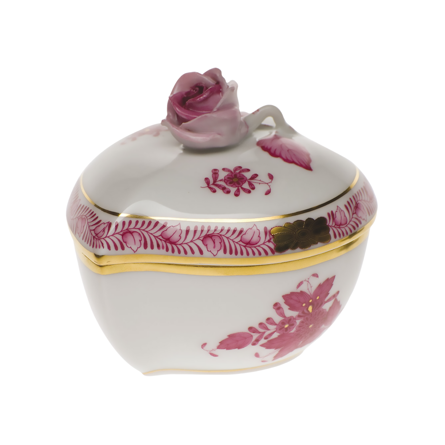 Herend Chinese Bouquet Raspberry Heart Bonbon Box with Rose | 3x2in