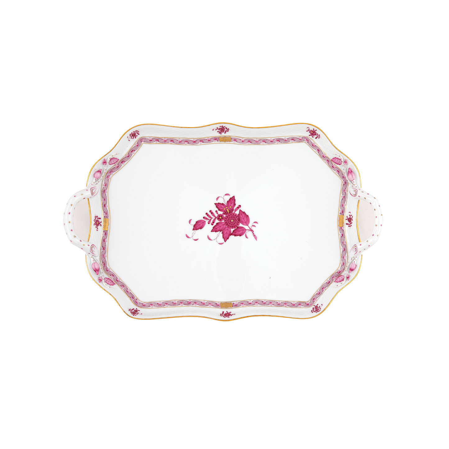 Herend Chinese Bouquet Raspberry Rectangular Tray with Branch Handles | 18in