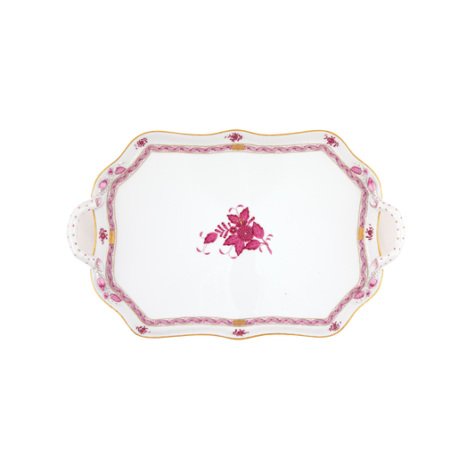 Herend Chinese Bouquet Raspberry Rectangular Tray with Branch Handles | 18in