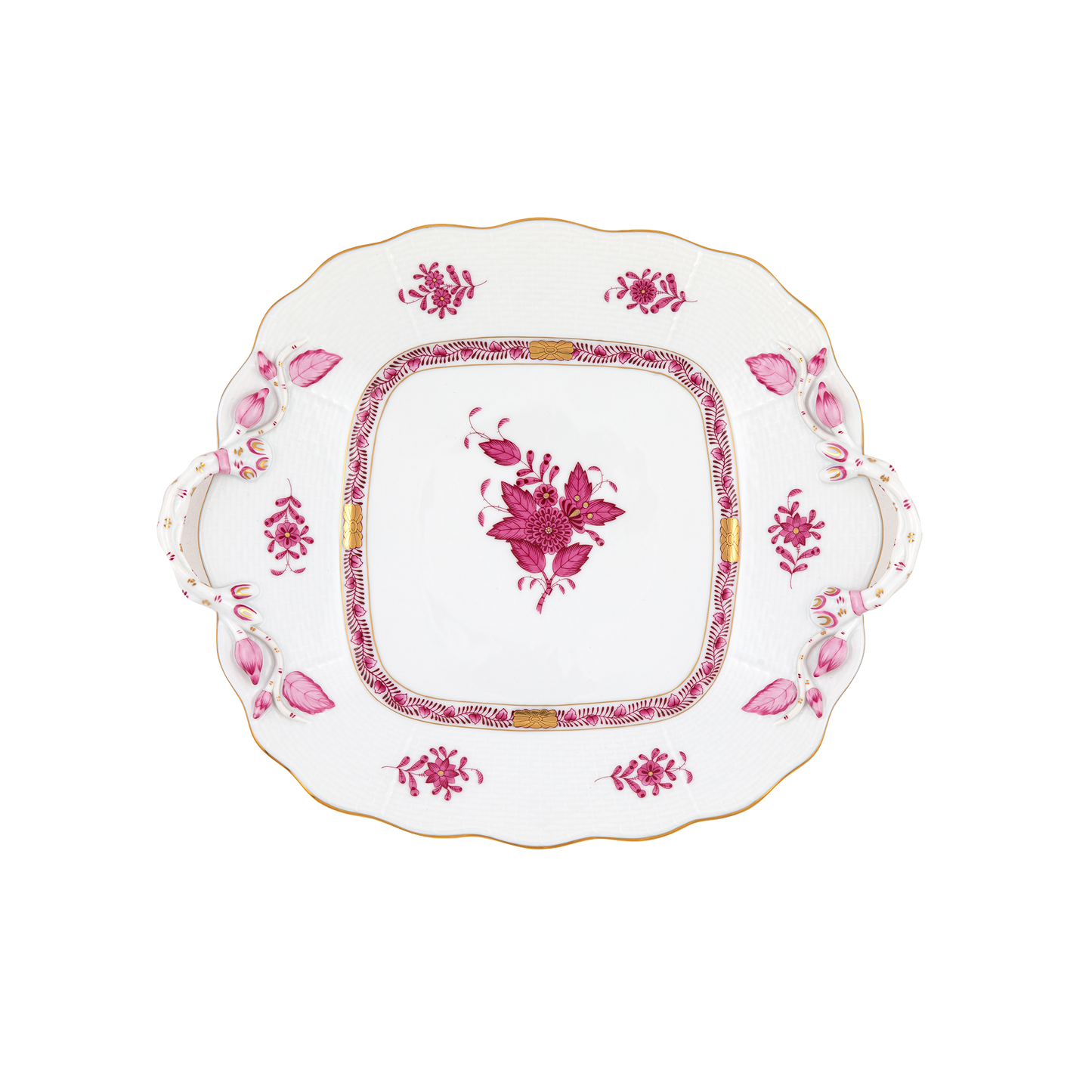 Herend Chinese Bouquet Raspberry Square Cake Plate with Handles | 9.5in