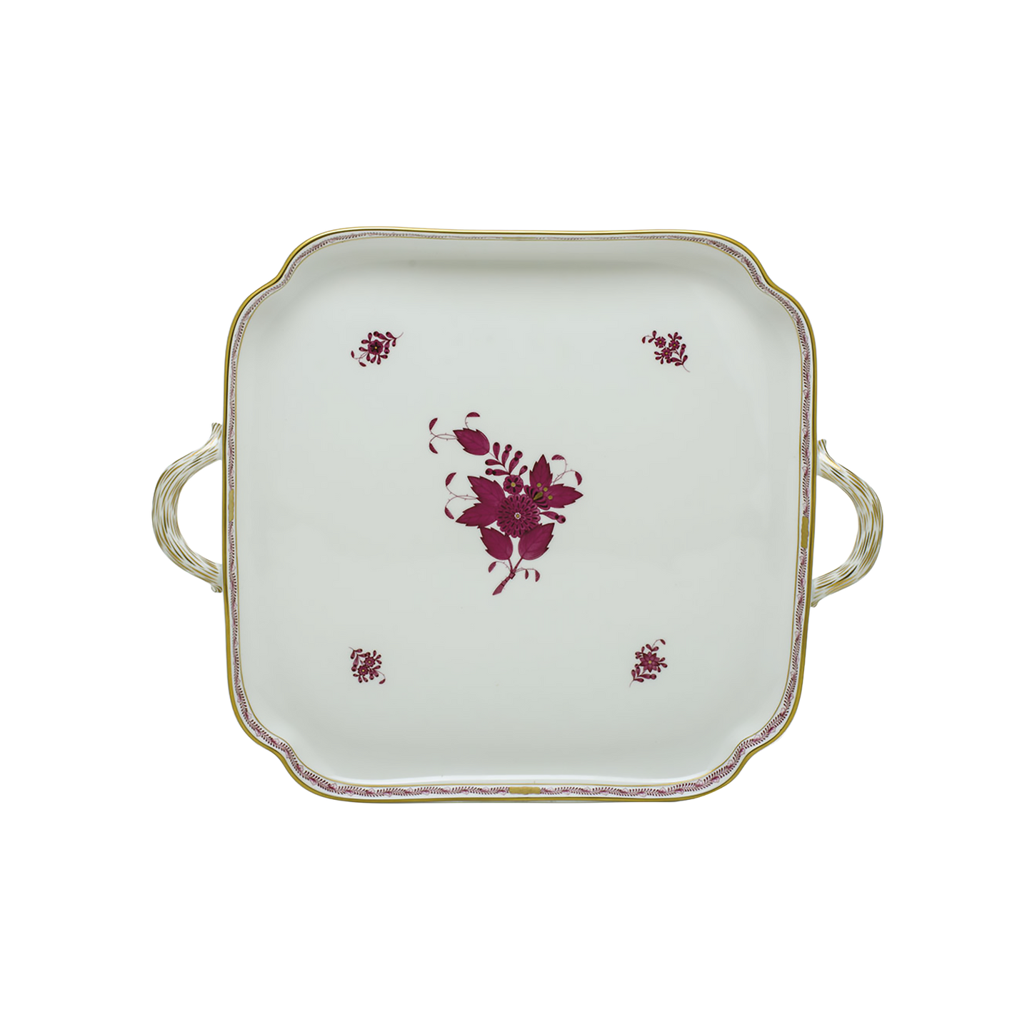 Herend Chinese Bouquet Raspberry Square Tray with Handles | 12.75in