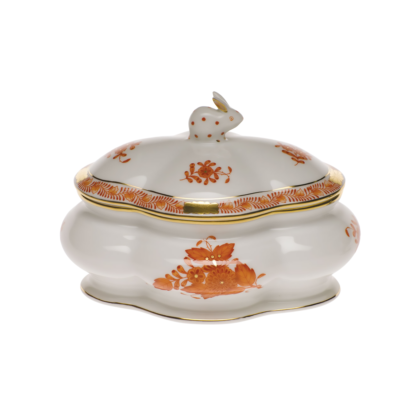 Herend Chinese Bouquet Rust Covered Bonbon Box with Bunny | 5x4in