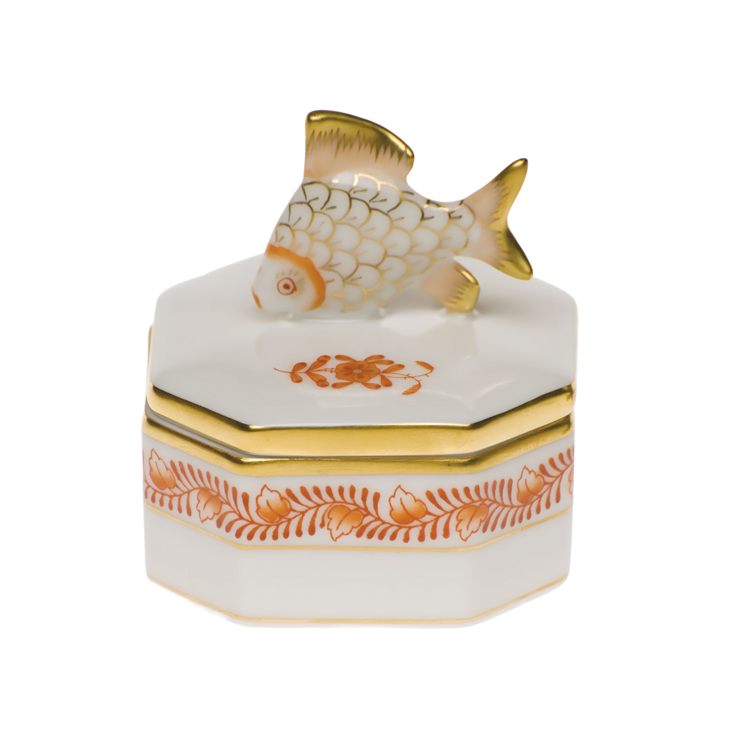 Herend Chinese Bouquet Rust Petite Octagonal Box with Fish | 2in