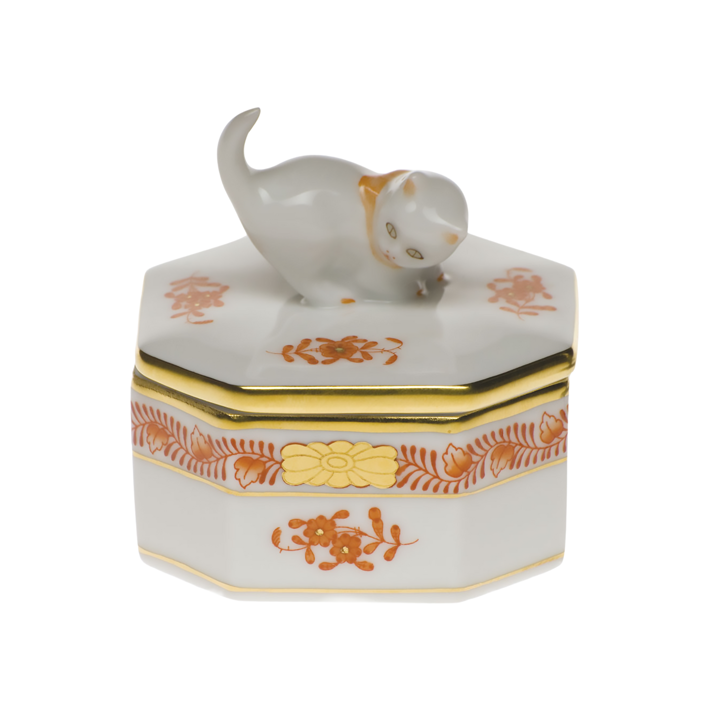 Herend Chinese Bouquet Rust Small Octagonal Box with Cat | 2.5in