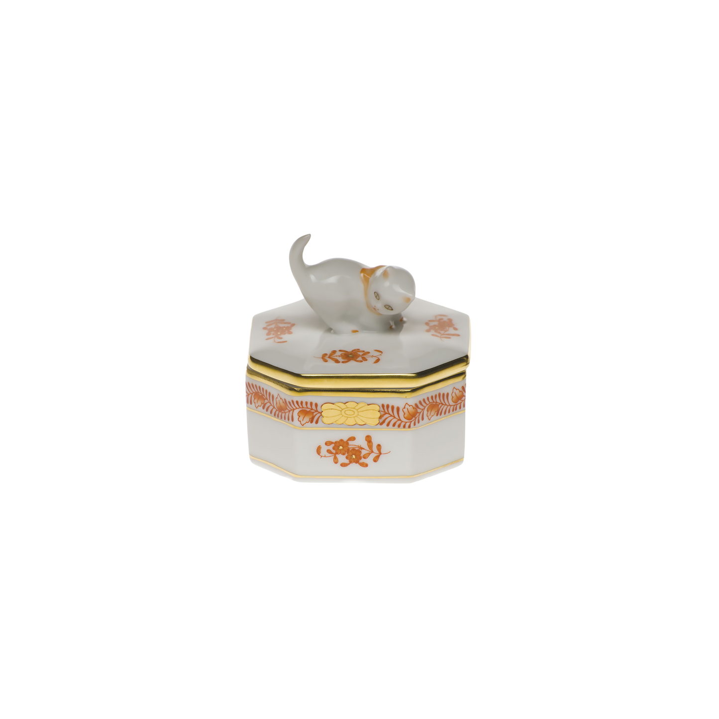 Herend Chinese Bouquet Rust Small Octagonal Box with Cat | 2.5in