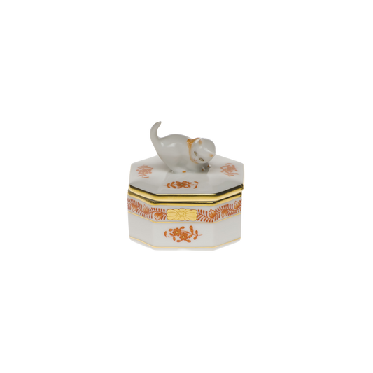 Herend Chinese Bouquet Rust Small Octagonal Box with Cat | 2.5in