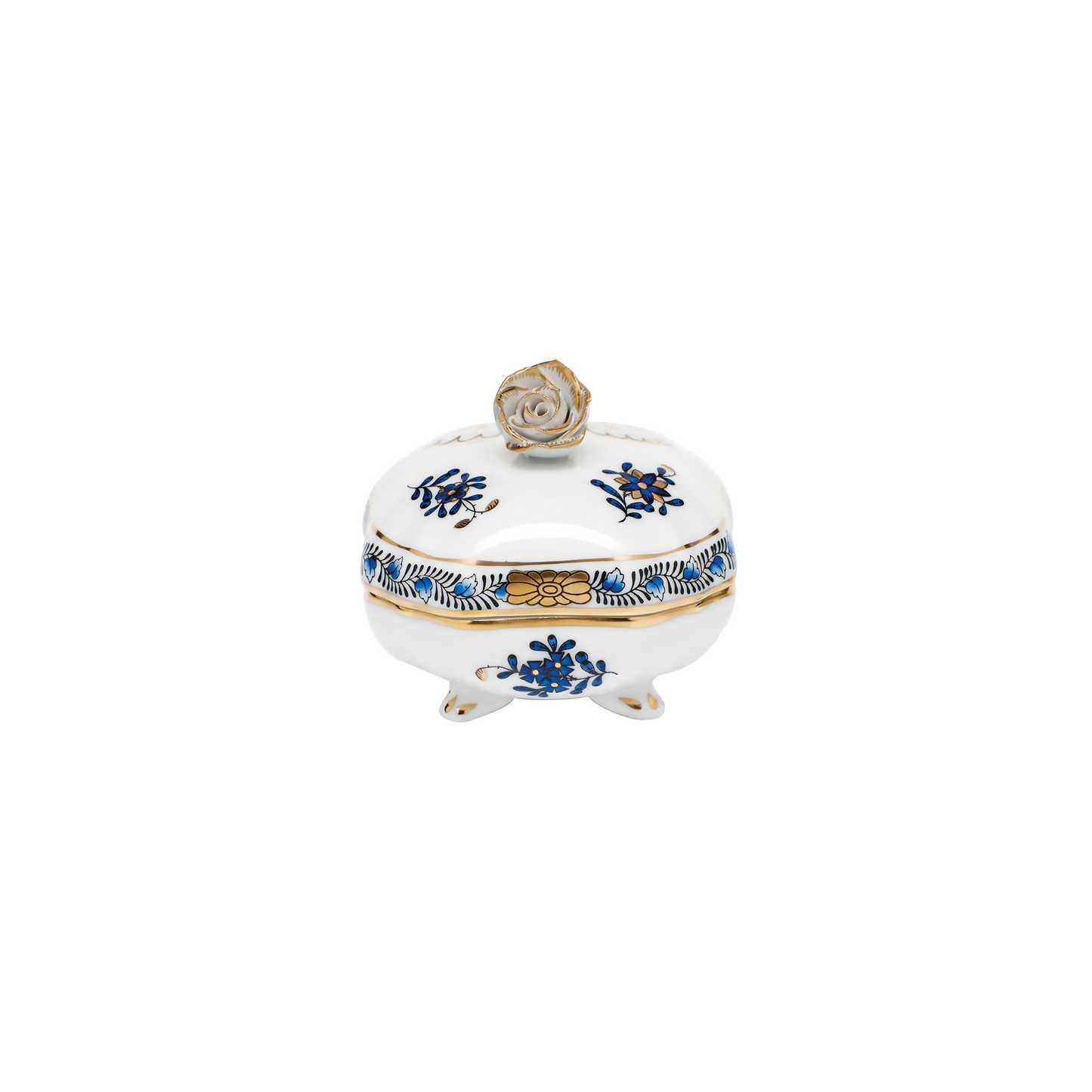 Herend Chinese Bouquet Black Sapphire Covered Bonbon Box with Rose | 3in