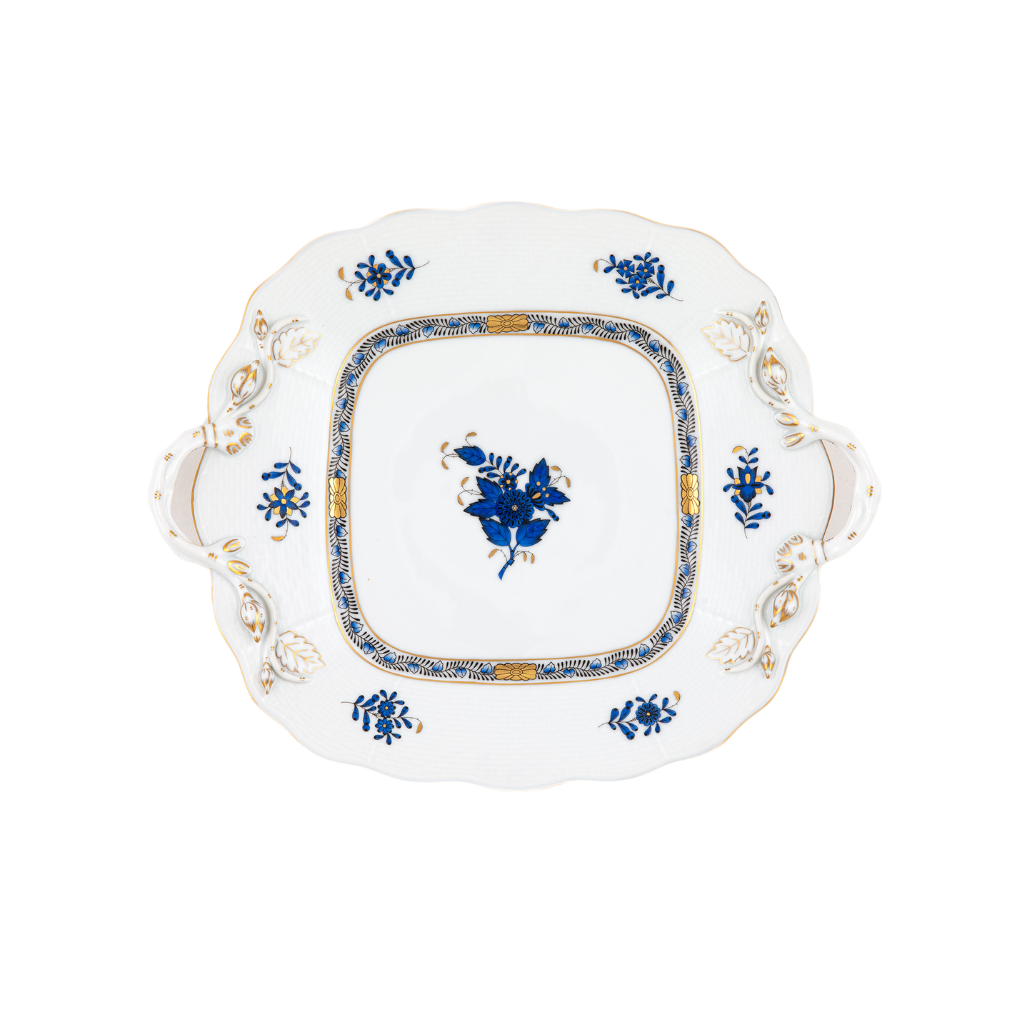 Herend Chinese Bouquet Black Sapphire Square Cake Plate w/Handles | 9.5in