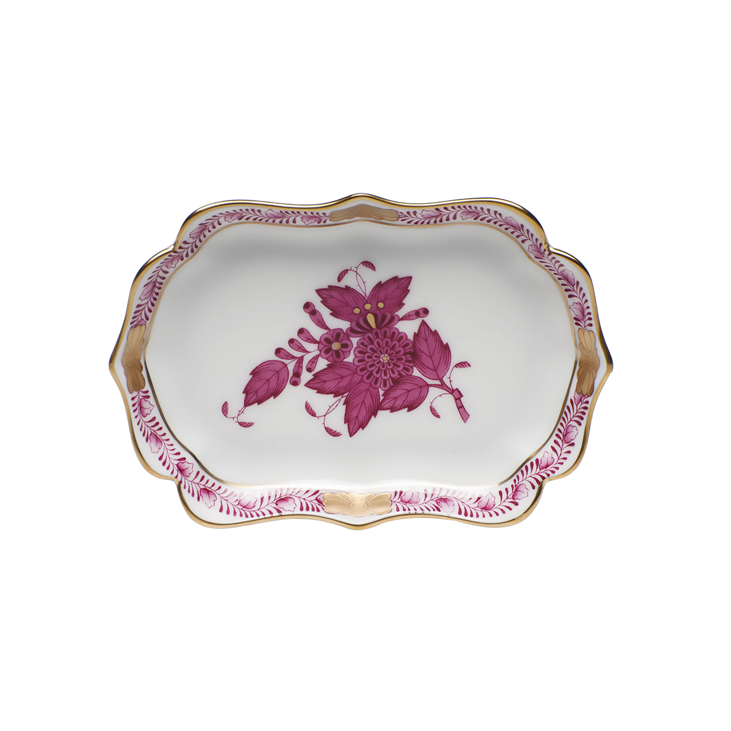 Herend Chinese Bouquet Raspberry Mini Scalloped Tray | 4.25x3in