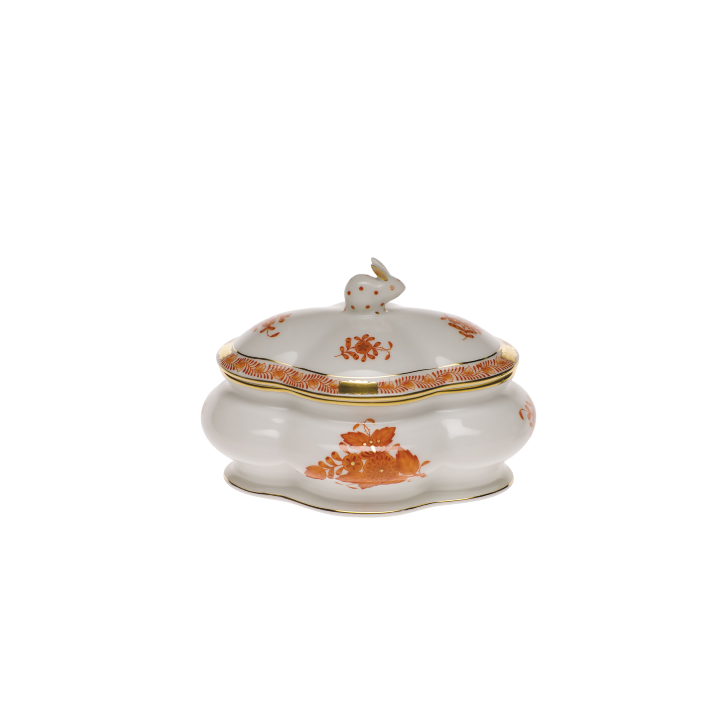 Herend Chinese Bouquet Rust Covered Bonbon Box with Bunny | 5x4in