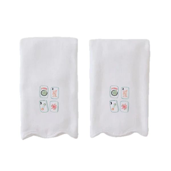Weezie Towels Luxury Scallop Edge Powder Bath Towel Set of 2 | White + Mahjong Embroidery