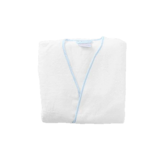 Weezie Towels Luxury Women's Short Signature White + Light Blue Piping Robe | Large