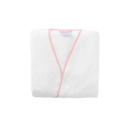 Weezie Towels Luxury Women's Short Signature White + Ballet Pink Piping Robe | Medium