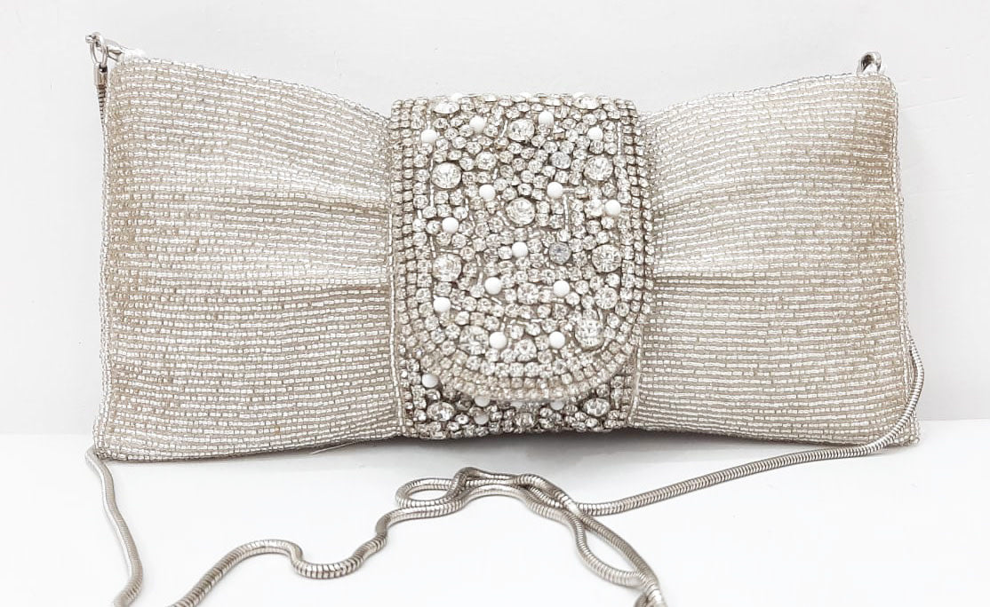 Silver Beaded + Crystal Bow Ziptop Bag
