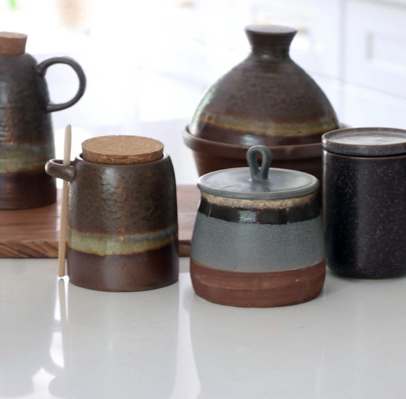 Stoneware Salt Jar Wood Spoon Set | Multicolor