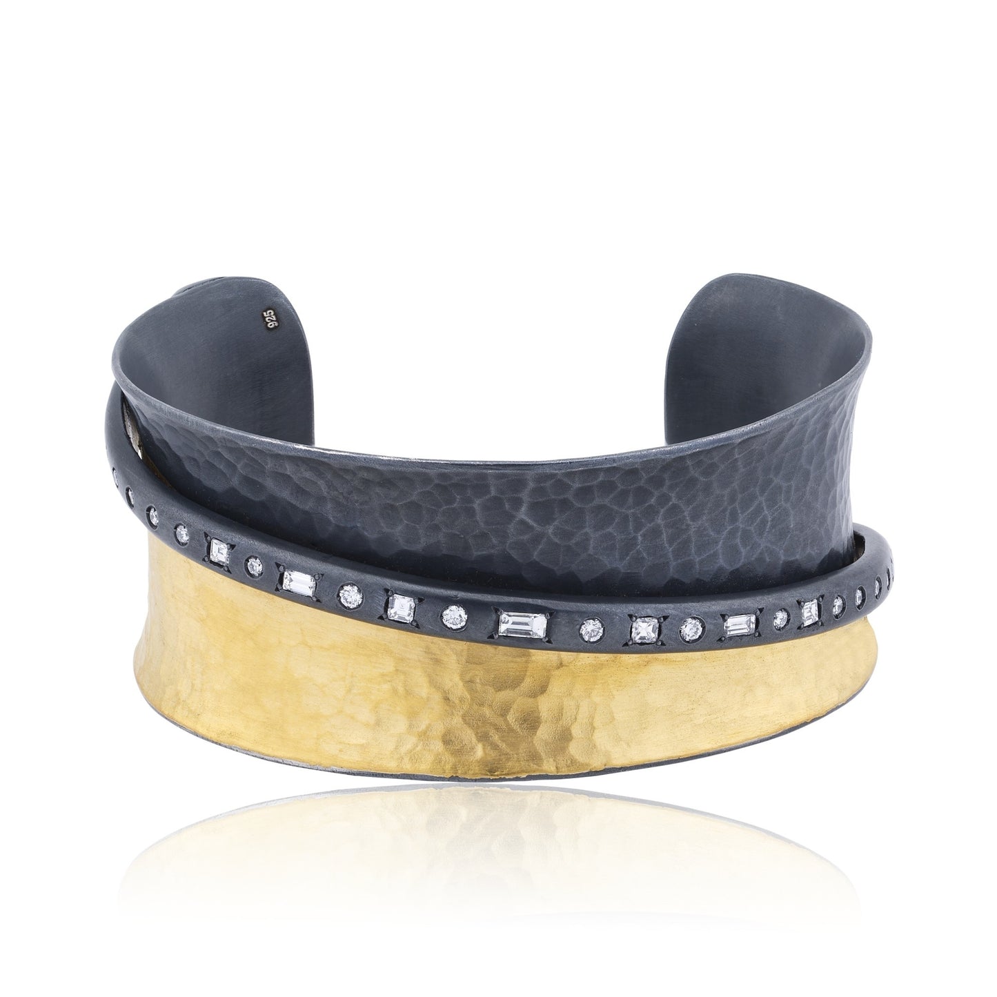 Gold & Oxidized Silver Open Cuff Bracelet With Curved Band & Fancy Cut Diamonds