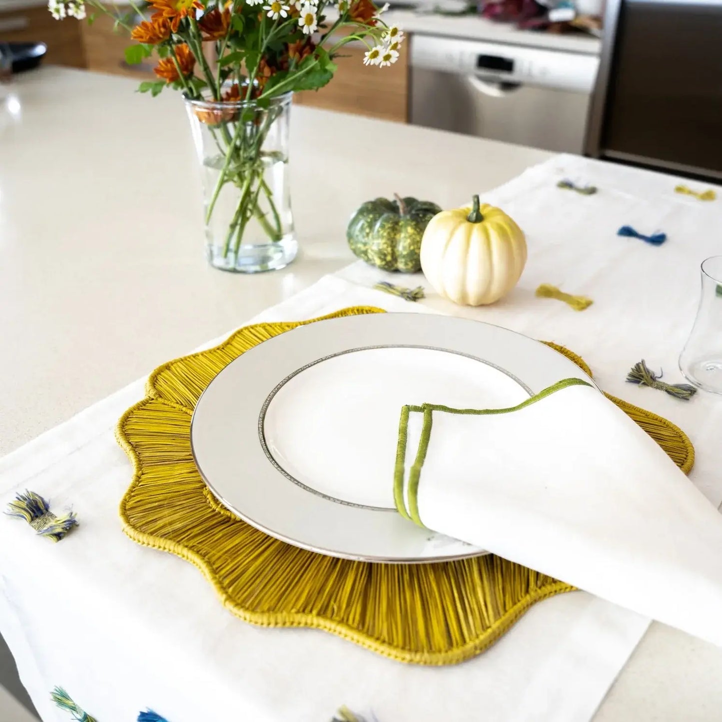Palm Straw Handcrafted Placemats Set of 4 | Abstract Flower Yellow 15in Round