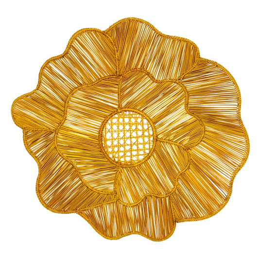 Palm Straw Handcrafted Placemats Set of 4 | Abstract Flower Yellow 15in Round