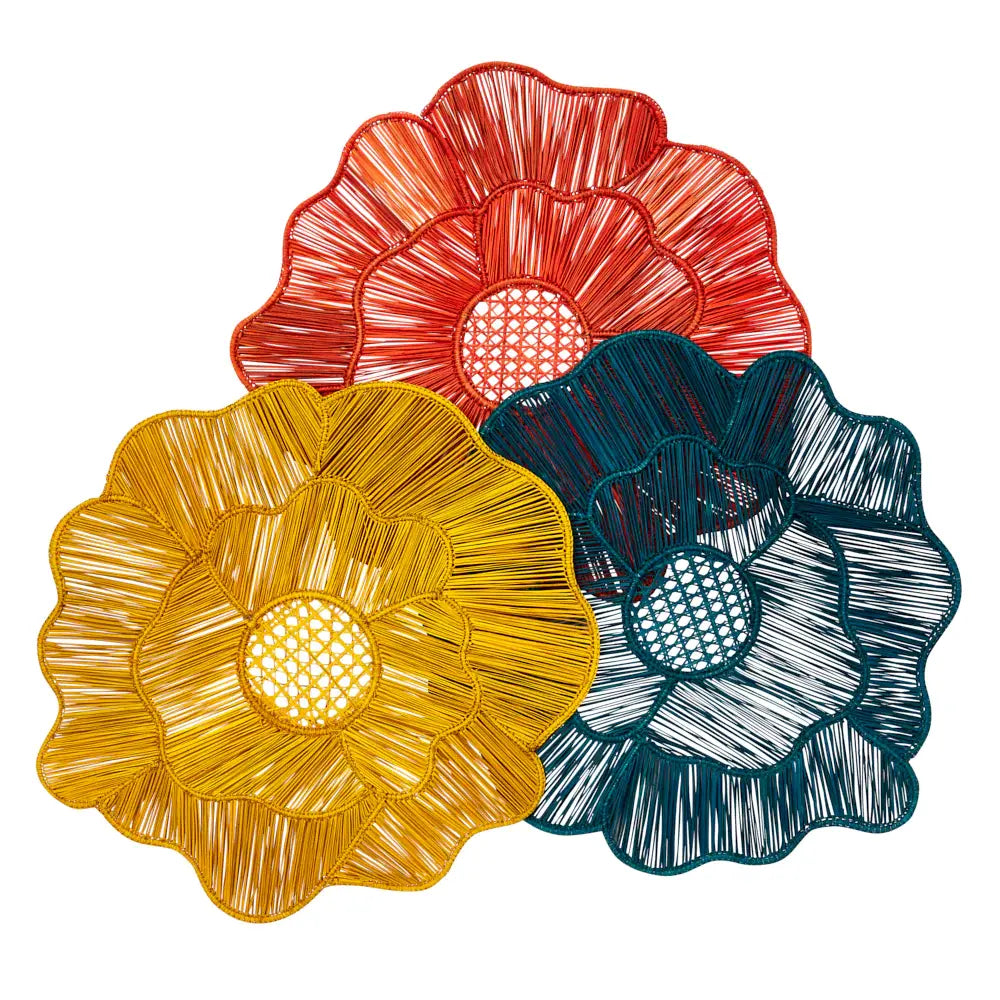 Palm Straw Handcrafted Placemats Set of 4 | Abstract Flower Yellow 15in Round