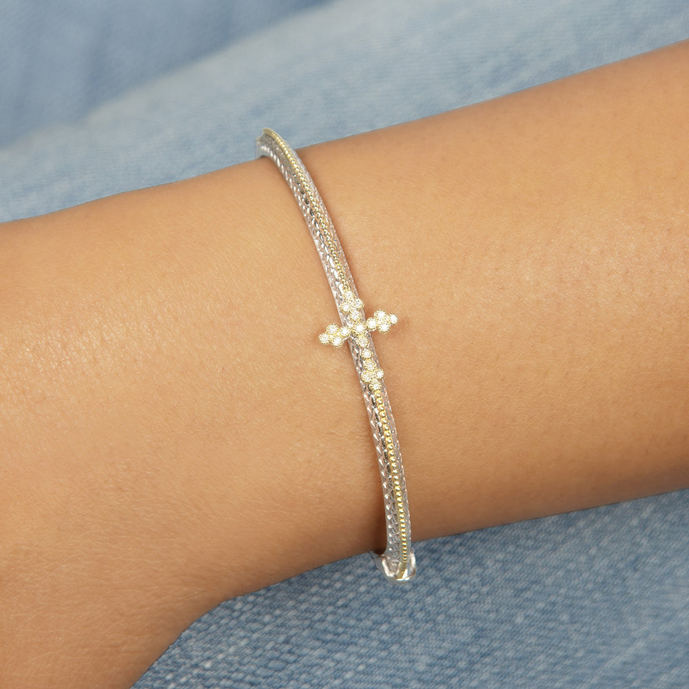 Mixed Metal Diamond Center Cross Bangle