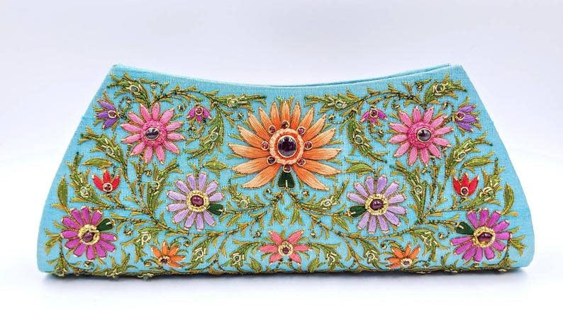 Star Ruby Gemstone + Silk Hand Embroidered Clutch | Turquoise Silk with Multicolor Embroidered Ruby Florals