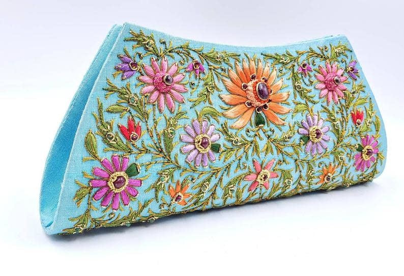 Star Ruby Gemstone + Silk Hand Embroidered Clutch | Turquoise Silk with Multicolor Embroidered Ruby Florals