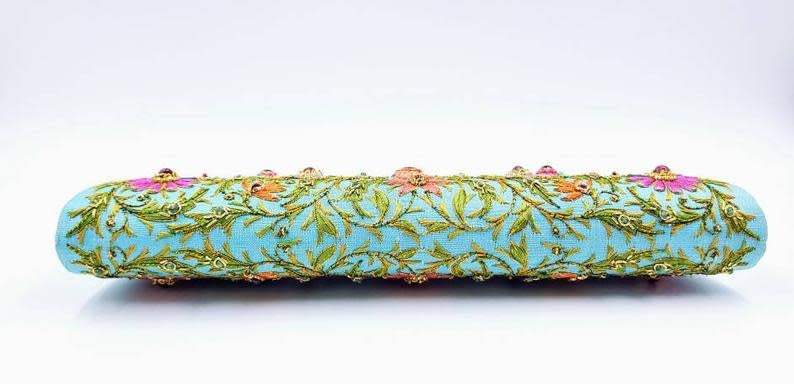 Star Ruby Gemstone + Silk Hand Embroidered Clutch | Turquoise Silk with Multicolor Embroidered Ruby Florals