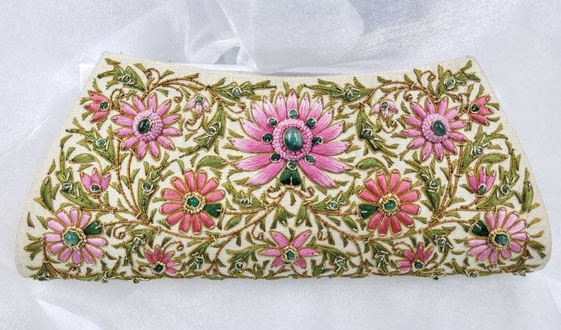 Emerald Gemstone + Silk Hand Embroidered Clutch | Gold Silk with Multicolor Embroidered Emerald Florals