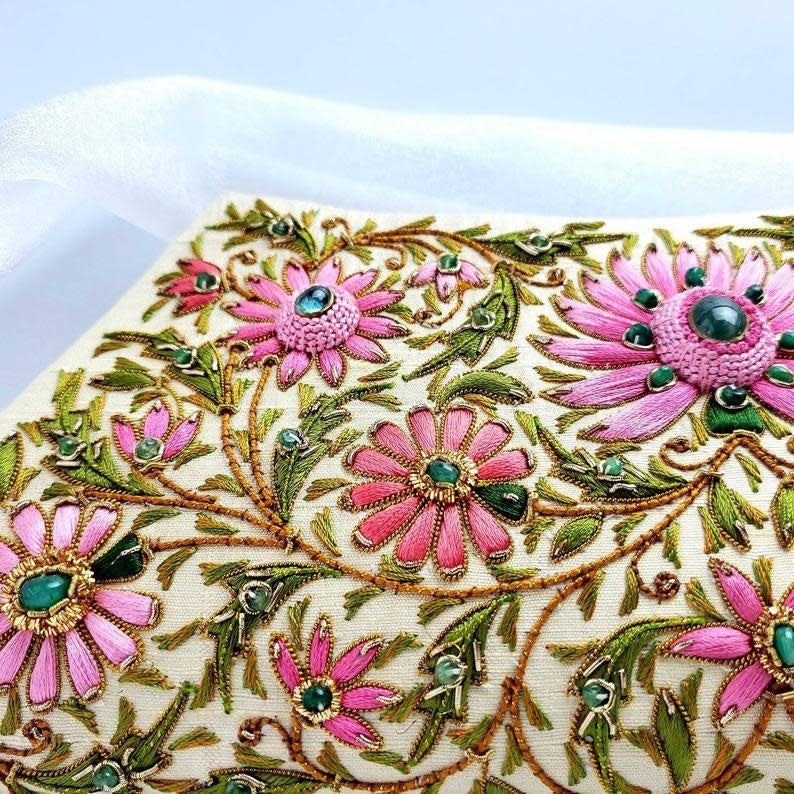 Emerald Gemstone + Silk Hand Embroidered Clutch | Gold Silk with Multicolor Embroidered Emerald Florals