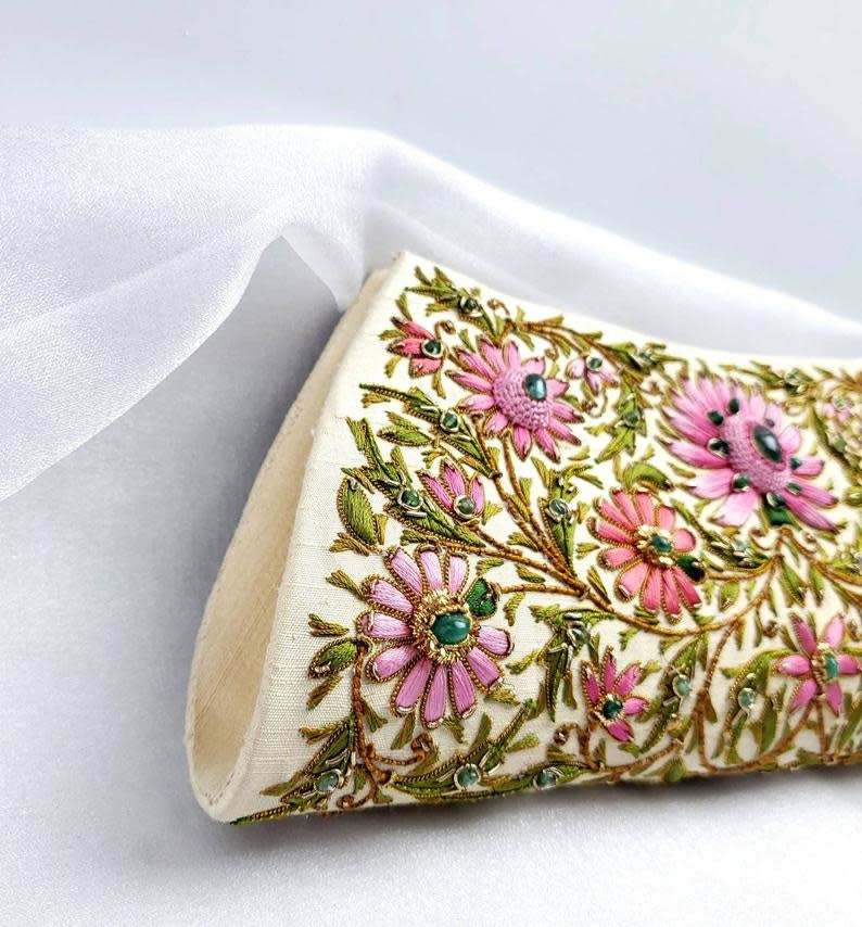 Emerald Gemstone + Silk Hand Embroidered Clutch | Gold Silk with Multicolor Embroidered Emerald Florals