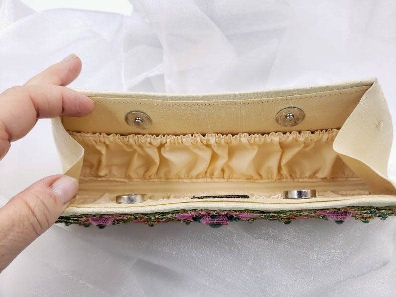 Emerald Gemstone + Silk Hand Embroidered Clutch | Gold Silk with Multicolor Embroidered Emerald Florals