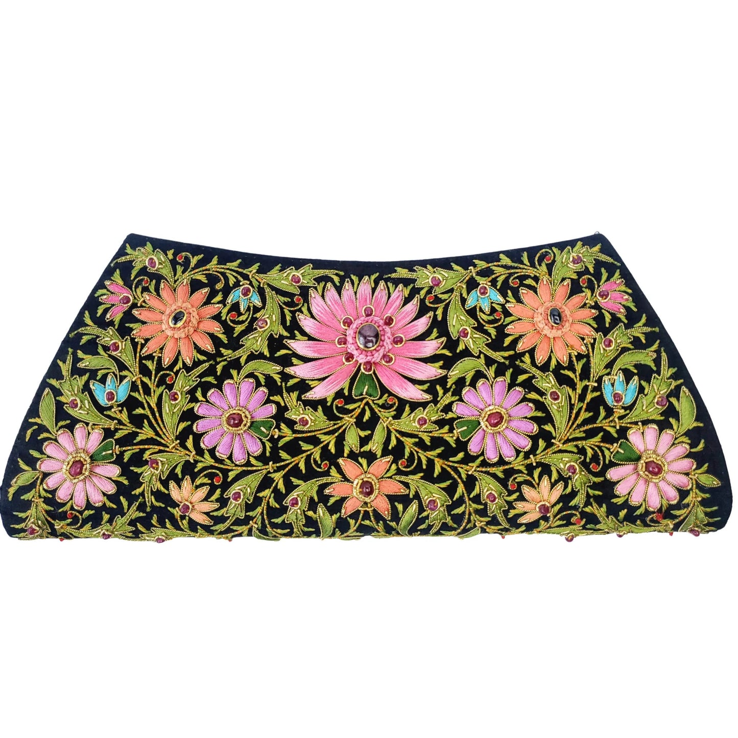 Star Ruby Gemstone + Silk Hand Embroidered Clutch | Black Silk with Multicolor Embroidered Ruby Florals