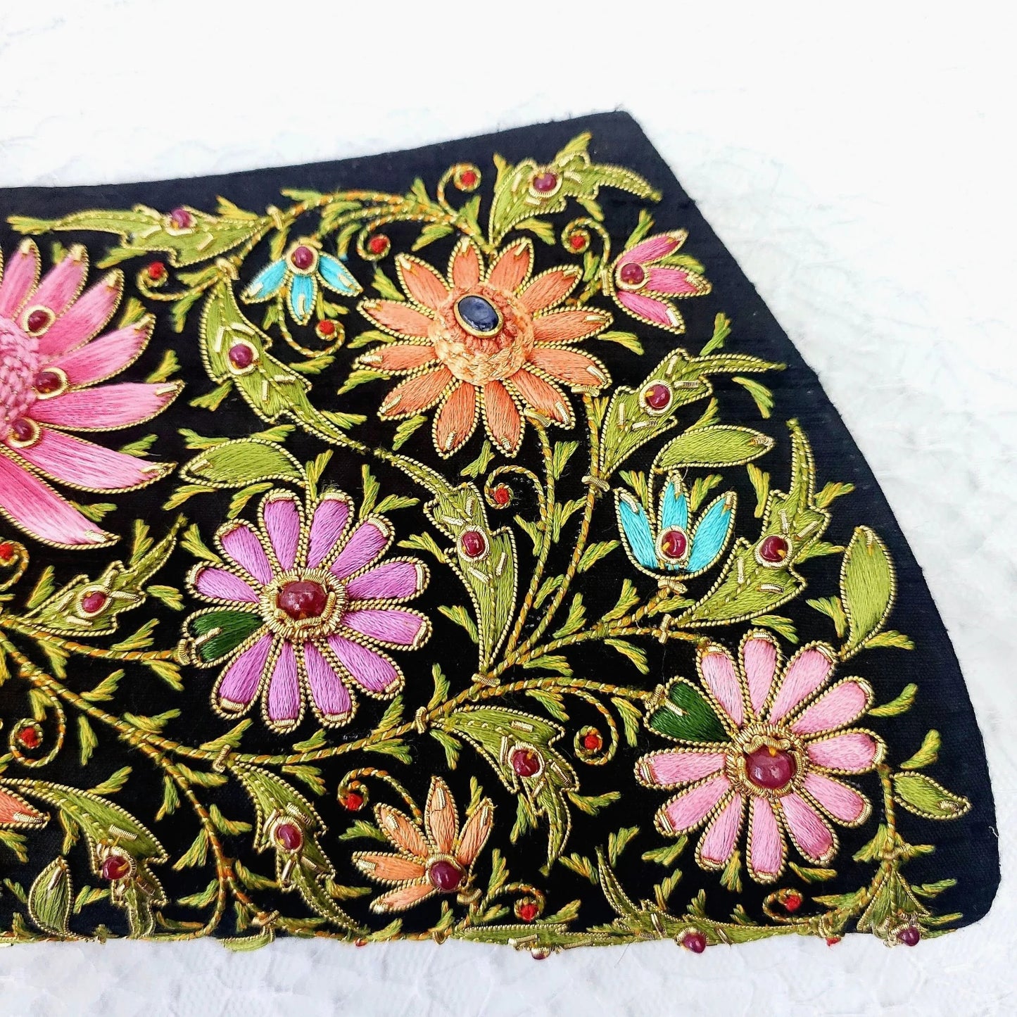 Star Ruby Gemstone + Silk Hand Embroidered Clutch | Black Silk with Multicolor Embroidered Ruby Florals