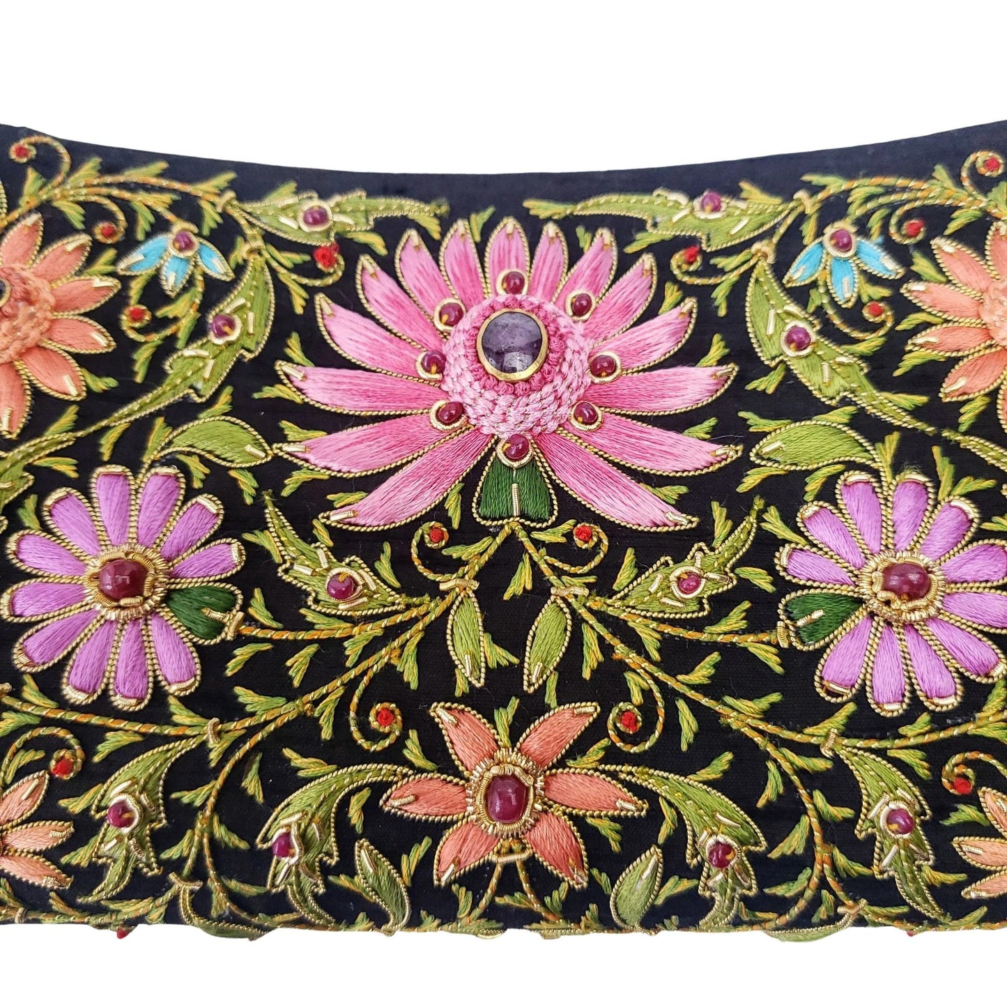 Star Ruby Gemstone + Silk Hand Embroidered Clutch | Black Silk with Multicolor Embroidered Ruby Florals