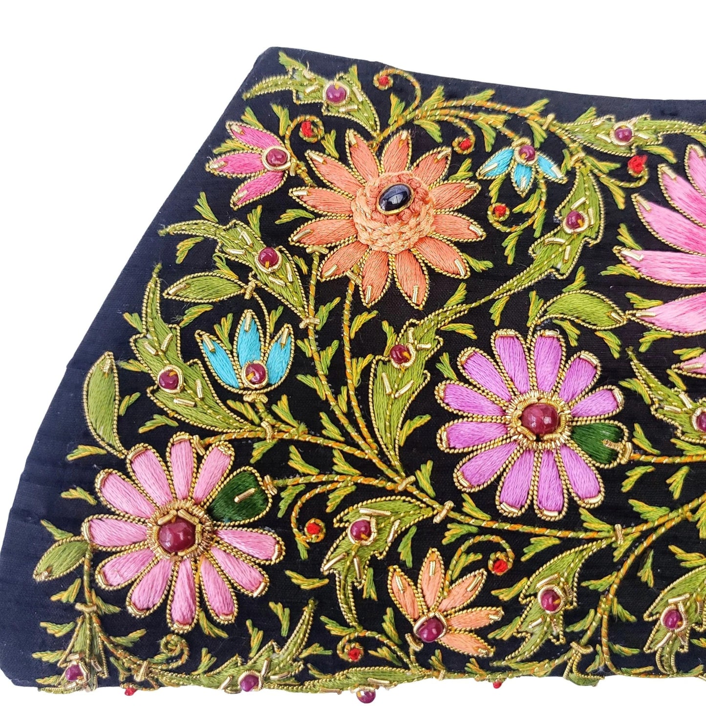 Star Ruby Gemstone + Silk Hand Embroidered Clutch | Black Silk with Multicolor Embroidered Ruby Florals
