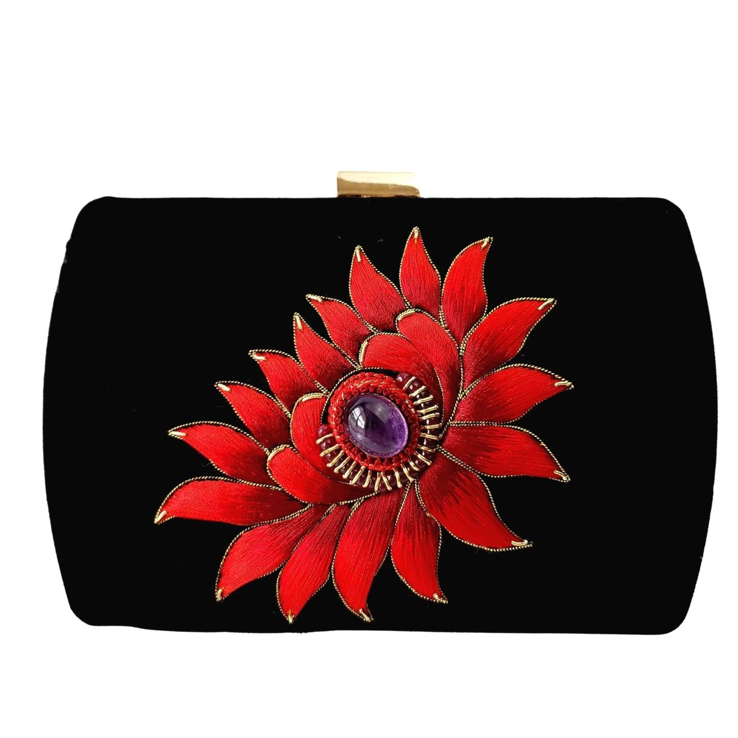 Cabochon Gemstone + Velvet Clutch | Black Velvet with Gold Embroidered Cabochon Gemstones