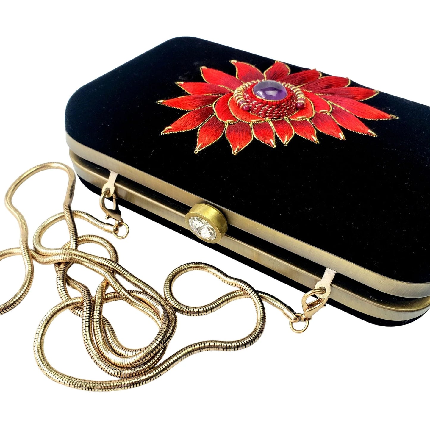 Cabochon Gemstone + Velvet Clutch | Black Velvet with Gold Embroidered Cabochon Gemstones