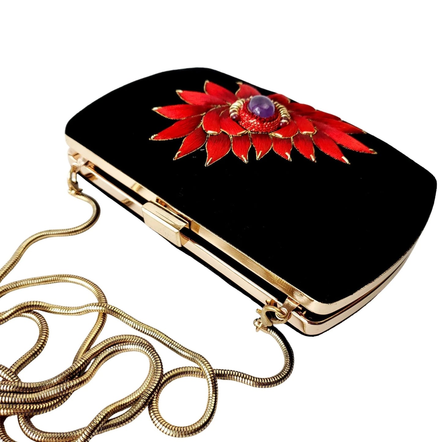 Cabochon Gemstone + Velvet Clutch | Black Velvet with Gold Embroidered Cabochon Gemstones