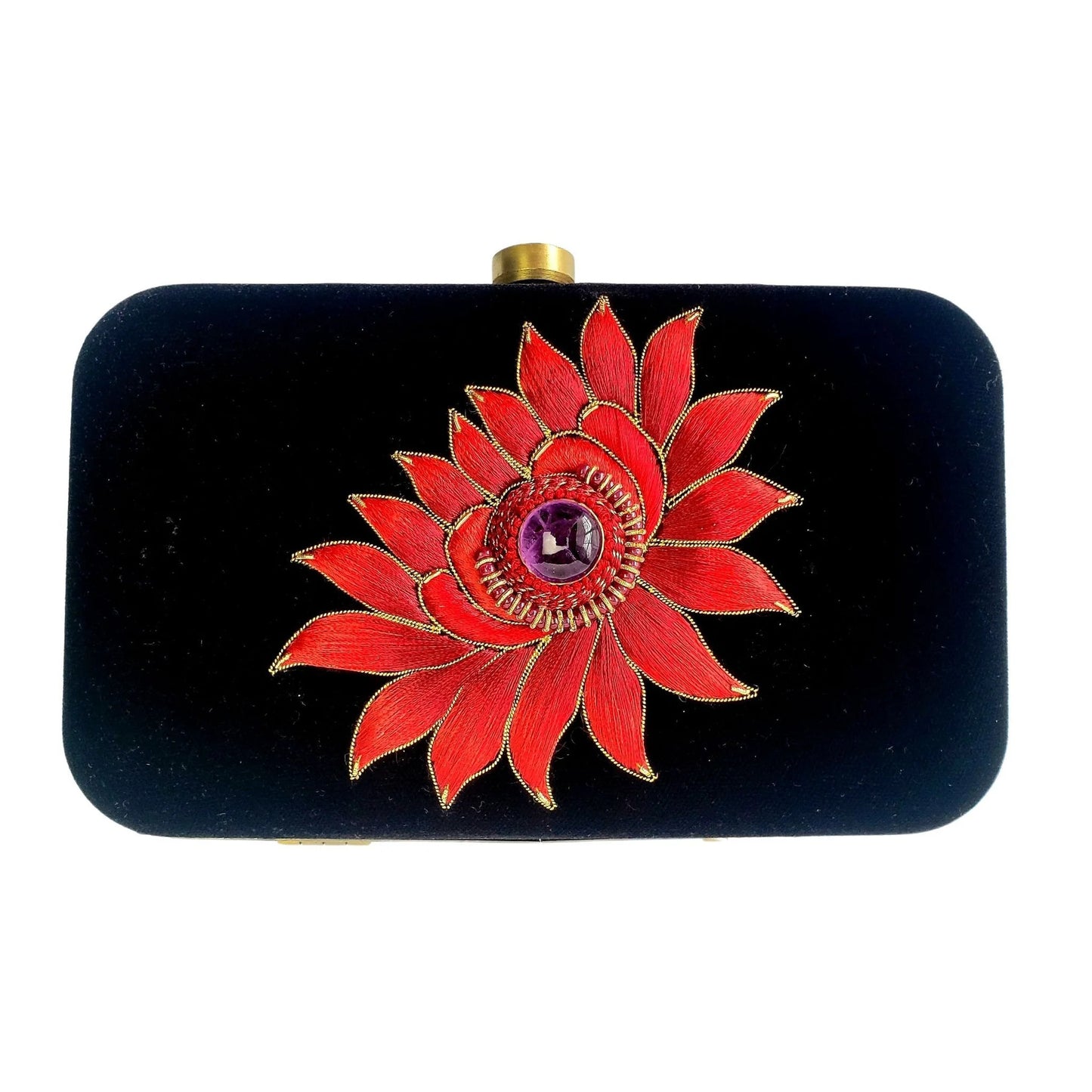 Cabochon Gemstone + Velvet Clutch | Black Velvet with Gold Embroidered Cabochon Gemstones