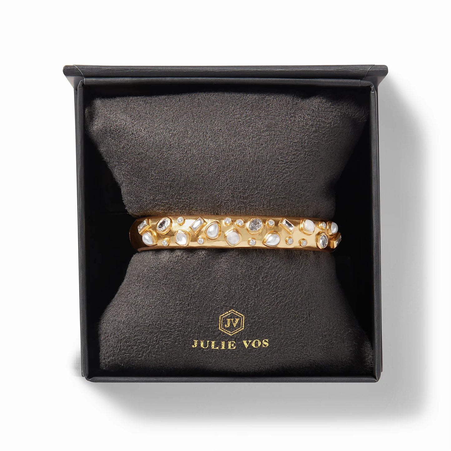 Antonia Mosaic Hinge Gold Bangle Bracelet | Iridescent Clear Crystal