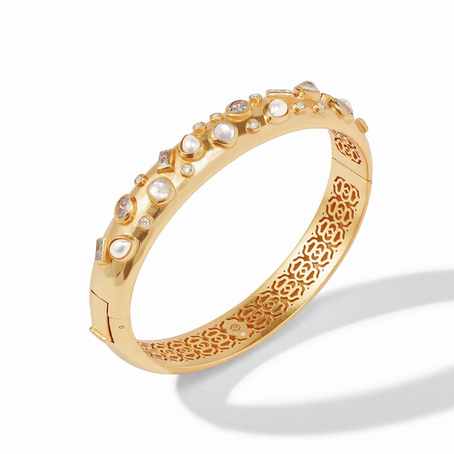 Antonia Mosaic Hinge Gold Bangle Bracelet | Iridescent Clear Crystal