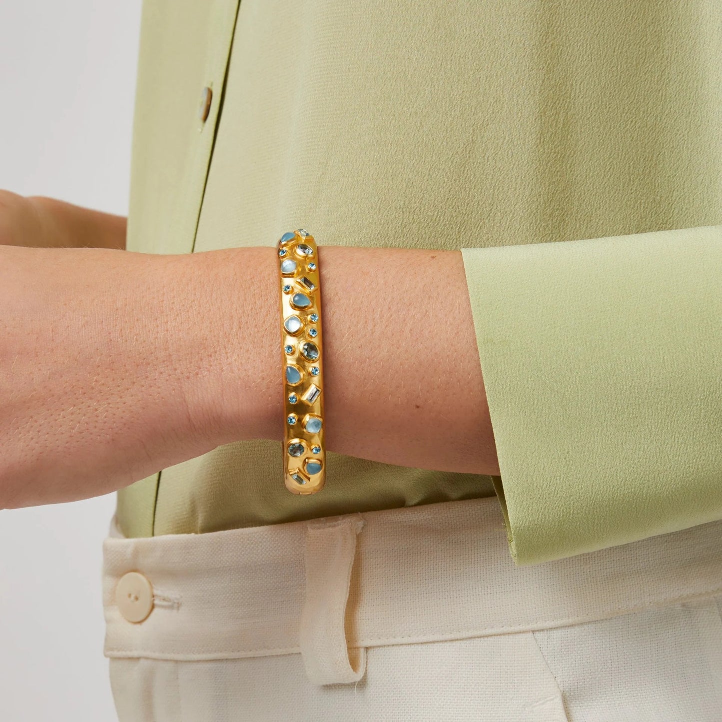 Antonia Mosaic Hinge Gold Bangle Bracelet | Iridescent Clear Crystal