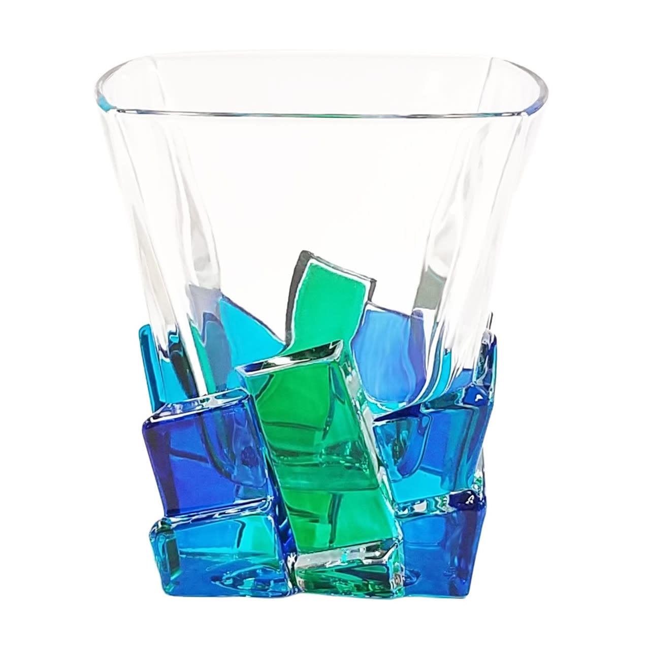 Murano Italian Crystal Whiskey DOF Glass | Cracked Ice Blue Green