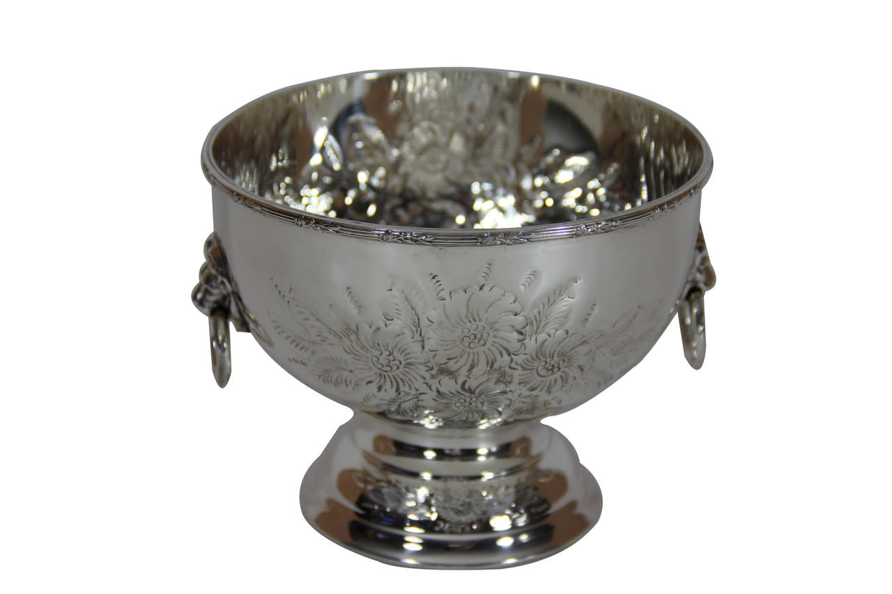 Hand Chased Bowl w/Lion Handles Silver Plate | 6in
