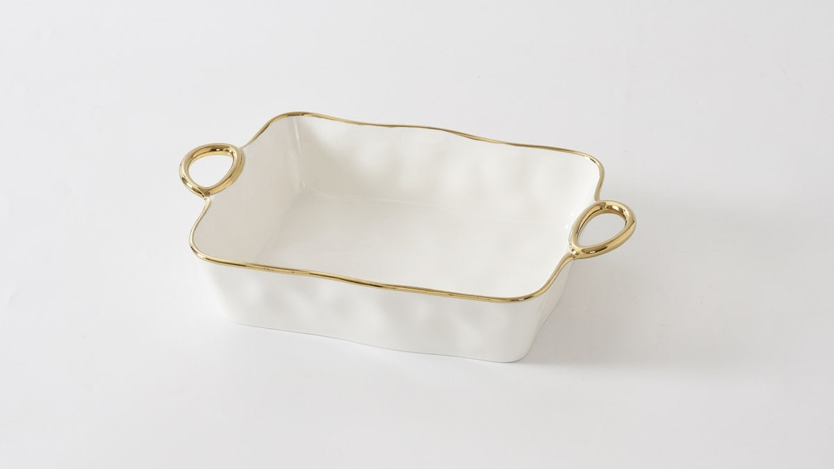 Porcelain + Gold Titanium Rectangular Handled Baking Dish | 14x9x3in